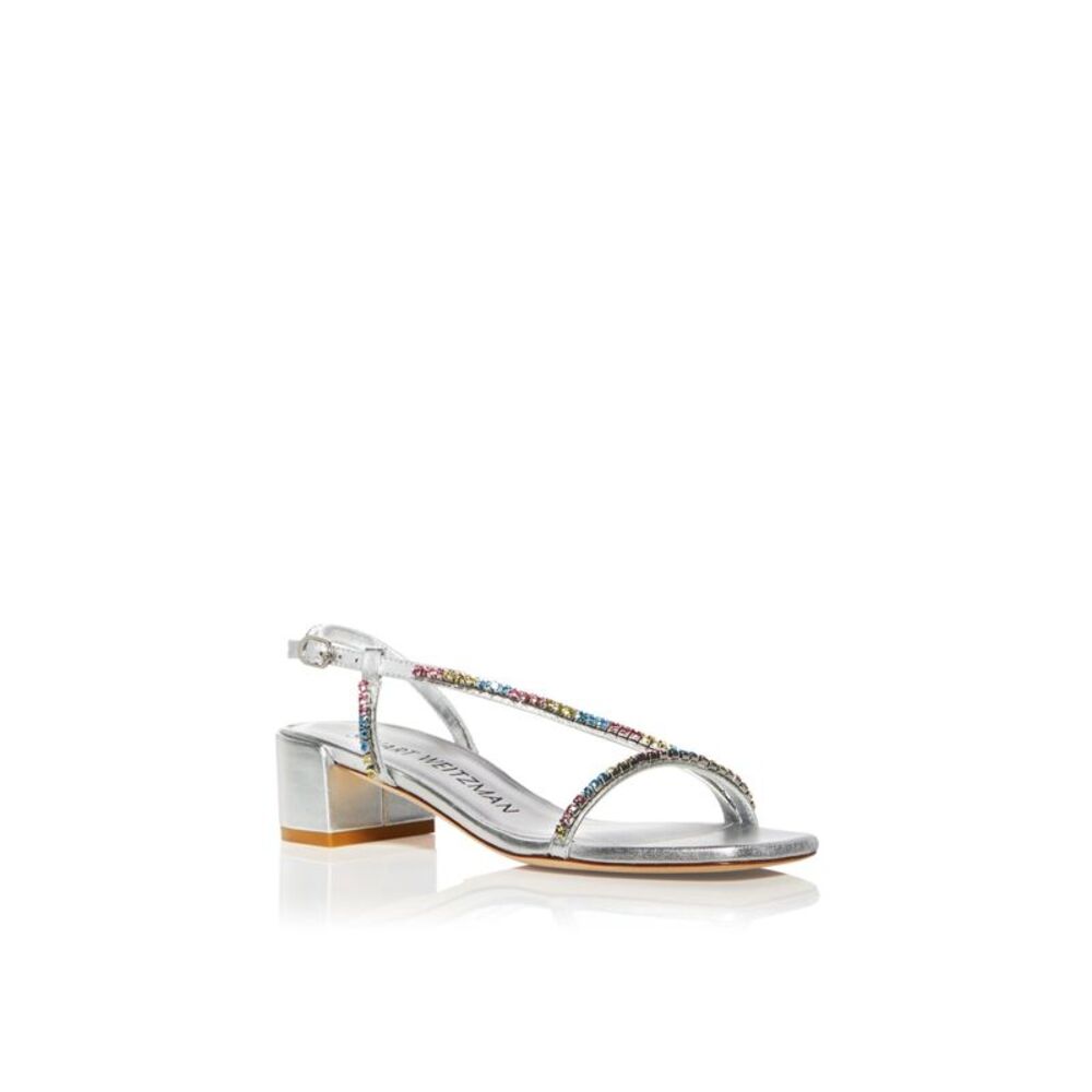 STUART WEITZMAN Womens Silver Soiree Toe Block Heel Leather Heeled Sandal 9 B